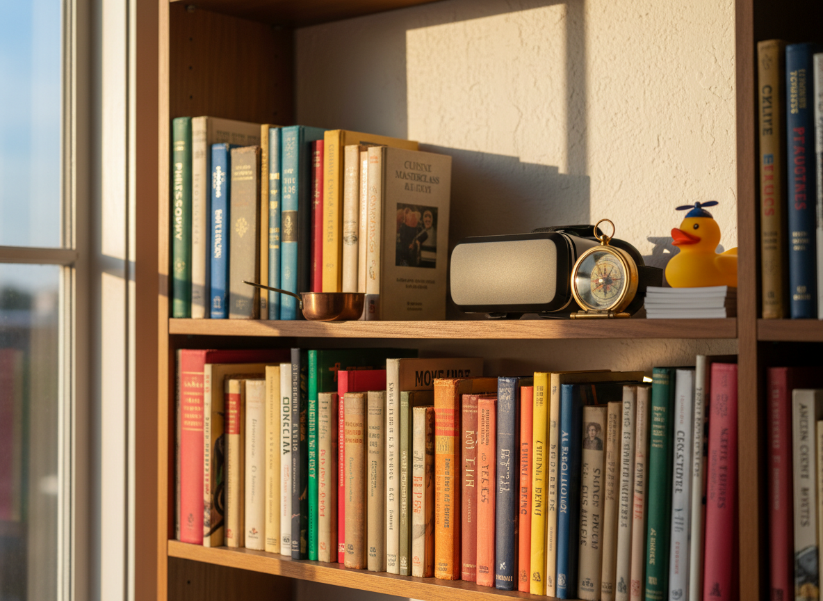 A tidy, sunlit bookshelf filled with colorful, well-worn hardcovers whose spines show topics like philosophy, cooking, and technology in small, legible lettering. Between the books, whimsical objects peek out: a tiny copper saucepan, a sleek VR headset, a vintage brass compass, and a bright yellow rubber duck perched on a stack of index cards. Late afternoon golden light slants in from a nearby window, casting warm highlights along the book edges and soft shadows on the white wall behind. Photographic realism, eye-level composition using the rule of thirds, with sharp focus on the central objects and a slight bokeh toward the shelf ends. The atmosphere feels playful, eclectic, and intellectually adventurous.